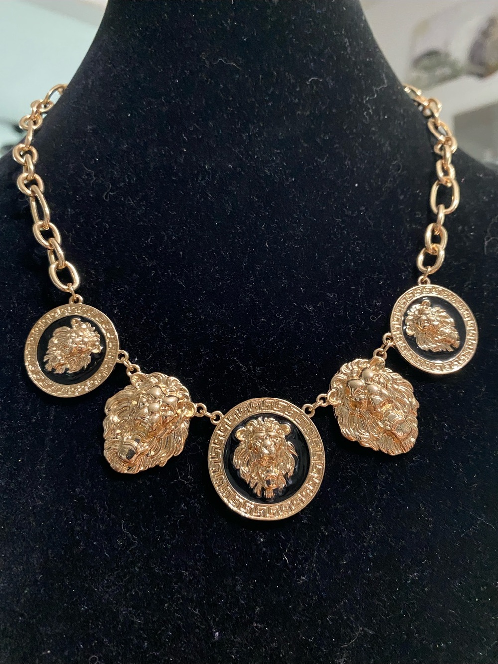 Gold Lion Head Medallion Statement Necklace